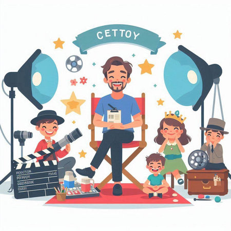 Cinema. Cartoon vector illustration of a movie director with his children.のイラスト素材