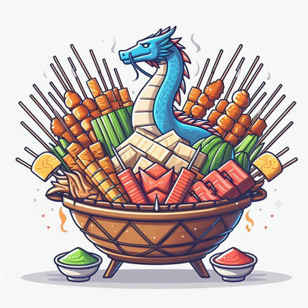 Dragon with chopsticks and vegetables in a basket. Vector illustration.のイラスト素材