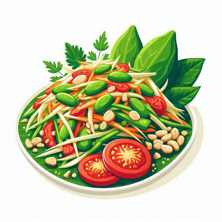 Vegetable salad with soybean sprouts and tomatoes. Vector illustration.のイラスト素材