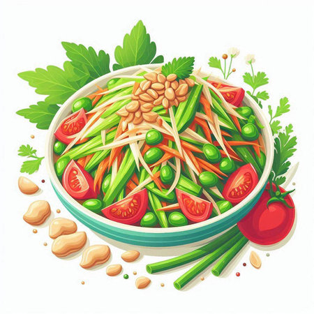 Vegetable salad with papaya, green peas, cucumber, tomato and beans. Vector illustration.のイラスト素材