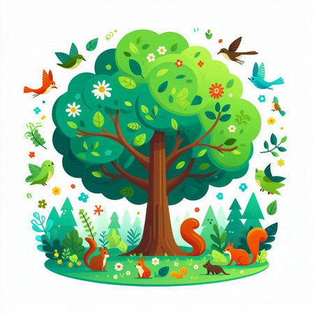 Cute cartoon tree with squirrels, birds and flowers. Vector illustration.のイラスト素材