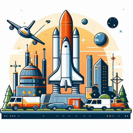 Rocket and spaceship on the background of the city. Vector illustration.のイラスト素材
