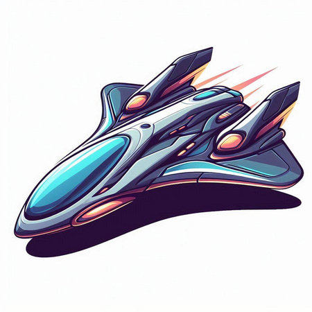 Futuristic spaceship in the sky. Vector illustration on white background.のイラスト素材