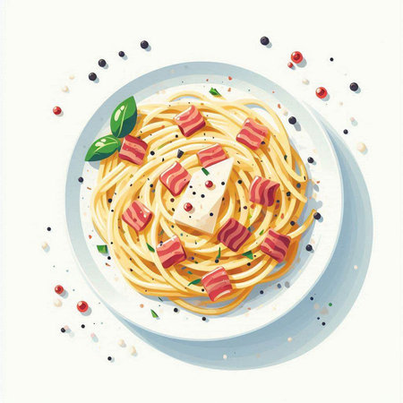 Spaghetti with bacon and cheese on a plate. Vector illustration.のイラスト素材