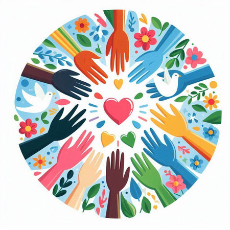 Group of hands with heart and flowers around. Vector illustration on white background.のイラスト素材