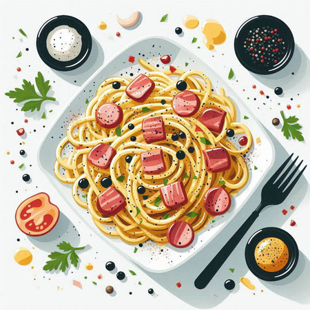 Spaghetti with ham and olives on a plate. Vector illustration.のイラスト素材