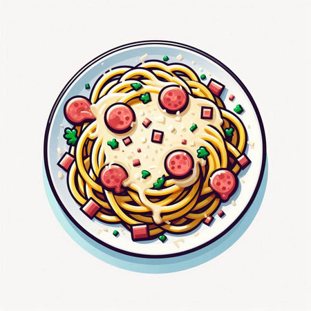 Spaghetti with tomato sauce and chorizo. Vector illustration.のイラスト素材