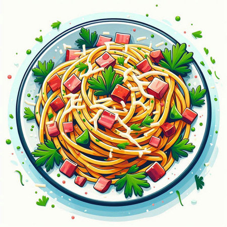 Spaghetti with tomato sauce and parsley on a plate. Vector illustration.のイラスト素材