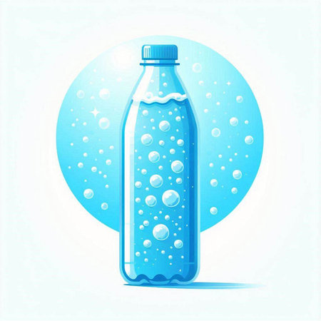 Plastic bottle of water with bubbles on blue background. Vector illustration.のイラスト素材