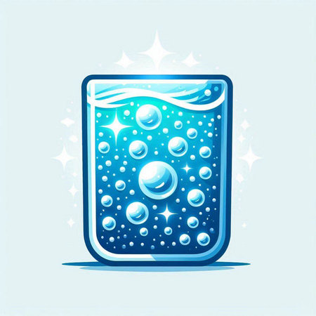 Illustration of a glass of water with bubbles and stars on a blue backgroundのイラスト素材
