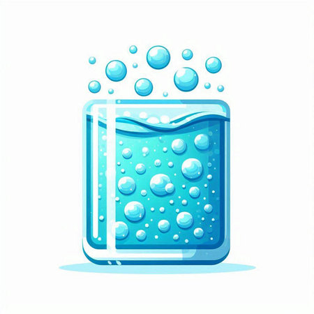Blue water with bubbles in glass isolated on white background. Vector illustration.のイラスト素材