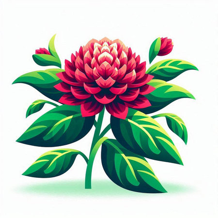 Illustration of a red flower with green leaves on a white backgroundのイラスト素材