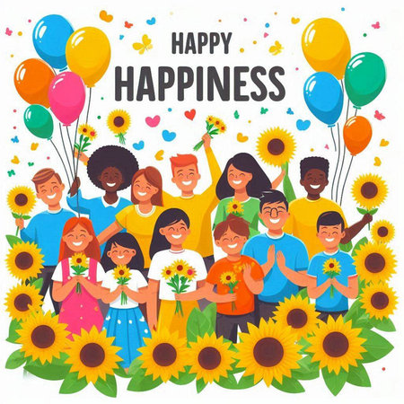 Happy international family with children holding bouquet of sunflowers. Happy mothers day.のイラスト素材