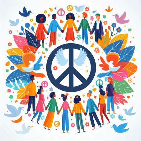 International peace day. Group of people with peace sign. Vector illustrationのイラスト素材