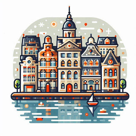 Cityscape of Amsterdam, Netherlands. Vector illustration in flat style.のイラスト素材