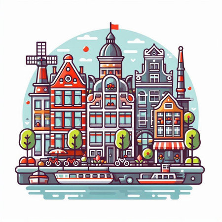 Amsterdam cityscape, Netherlands. Vector illustration in flat style.のイラスト素材