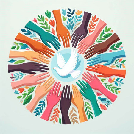 International Day of Peace concept with hands and dove. Vector illustration.のイラスト素材