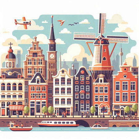 Amsterdam cityscape with traditional houses and windmills. Vector illustration.のイラスト素材