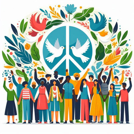 International Day of Peace. Group of diverse people standing together and holding hands. Vector illustration.のイラスト素材