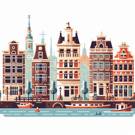 Amsterdam, Holland. Vector illustration in flat style. Can be used for banner, poster, card, invitation.のイラスト素材