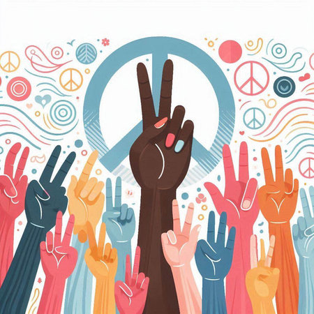 Vector illustration of raised hands with peace sign. Concept of peace and love.のイラスト素材