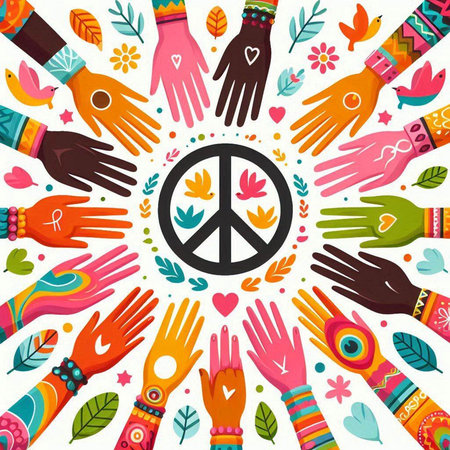 Hands with peace symbol in circle shape. Hippie concept.のイラスト素材