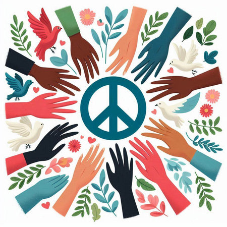 World peace day background with hands and peace symbol. Vector illustration.のイラスト素材