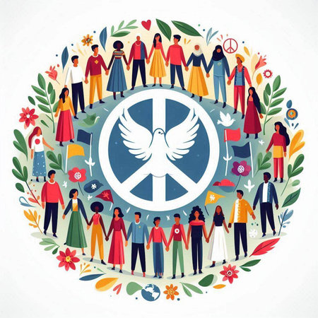 International Day of Peace concept. Group of people with peace symbol. Vector illustration.のイラスト素材