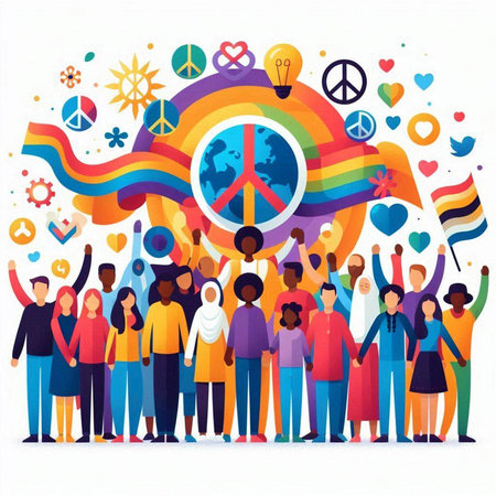 Group of diverse people holding hands together with peace and love symbols around them. Vector illustrationのイラスト素材