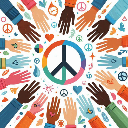 Hands around peace symbol. World peace day concept. Vector illustrationのイラスト素材