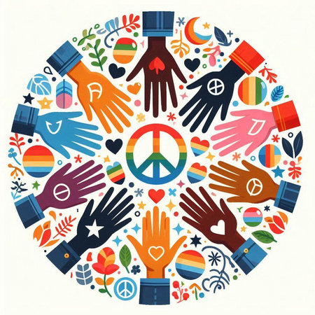 Circle of hands with peace and love symbols. Vector illustration.のイラスト素材