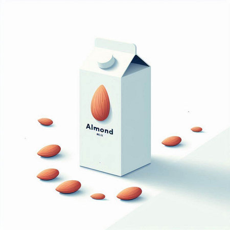Milk box with almonds on white background. 3d illustration.のイラスト素材