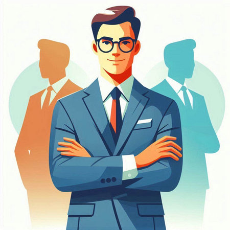 Businessman standing with arms crossed in front of his team. Vector illustration.のイラスト素材