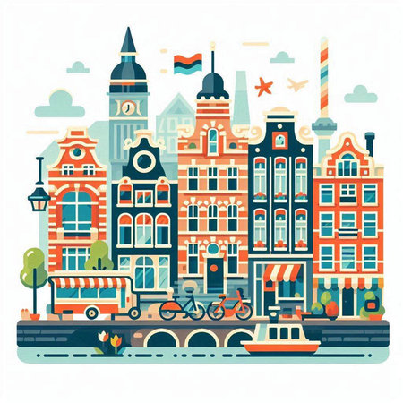 Amsterdam cityscape. Netherlands. Vector illustration in flat style.のイラスト素材
