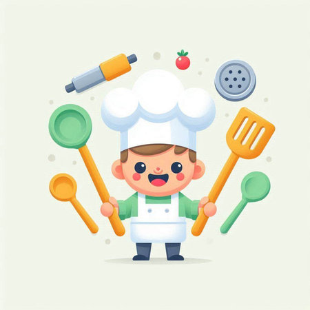 Cute Cartoon chef with cooking utensils. Vector illustration.のイラスト素材