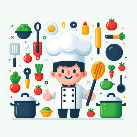 Chef character with various cooking tools. Vector illustration in flat styleのイラスト素材