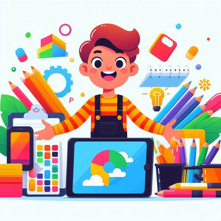 Cute schoolboy with laptop and stationery. Vector illustration.のイラスト素材
