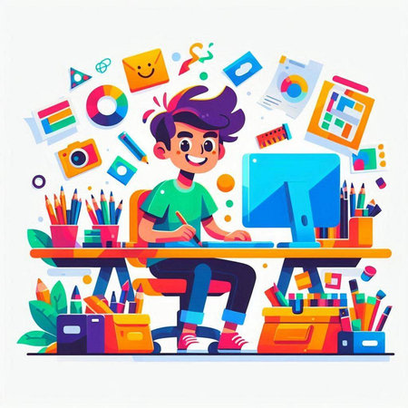 Cute boy at the desk with computer. Vector illustration in cartoon styleのイラスト素材