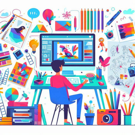 Vector illustration of graphic designer sitting at desk with computer and drawing.のイラスト素材