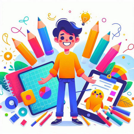 Back to school concept with happy boy and school supplies. Vector illustrationのイラスト素材