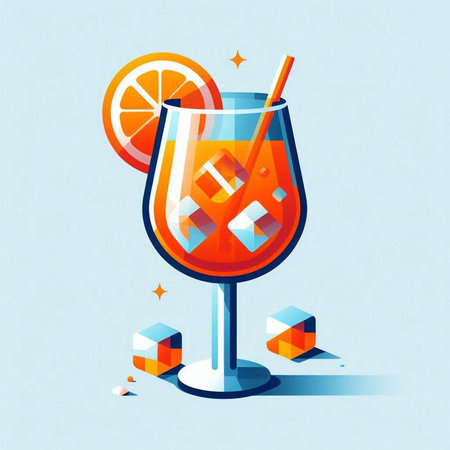 Cocktail with orange, ice cubes and straw. Vector illustration.のイラスト素材