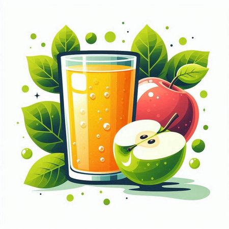 Glass of apple juice and apple slices with green leaves on white backgroundのイラスト素材