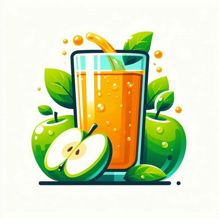 Glass of fresh apple juice with green apples and leaves. Vector illustration.のイラスト素材