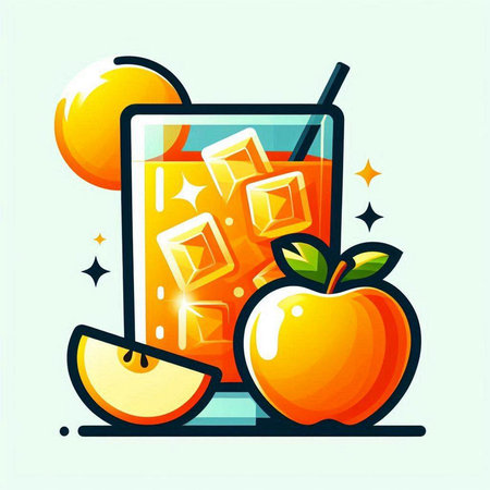 Orange juice in a glass with ice cubes and apple. Vector illustration.のイラスト素材