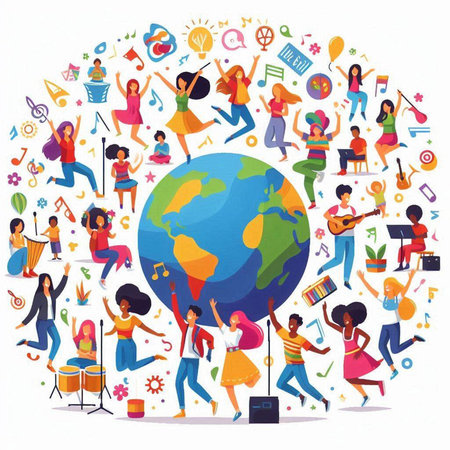 International music day concept. Group of people with musical instruments around the world. Vector illustrationのイラスト素材