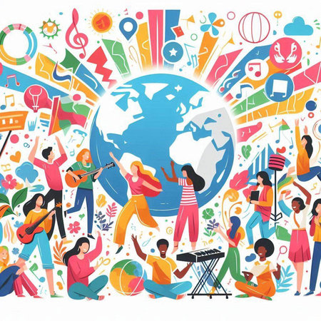 Vector illustration of a group of people around the globe. The concept of the international music festival.のイラスト素材