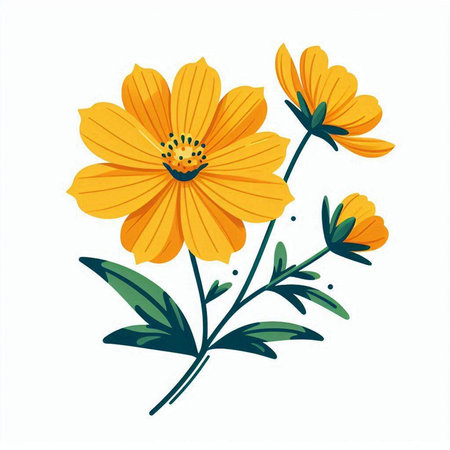 Yellow cosmos flowers on a white background. Vector illustration in cartoon style.のイラスト素材