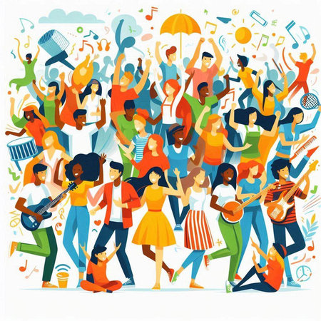 Group of happy people dancing and singing. Vector illustration in flat styleのイラスト素材