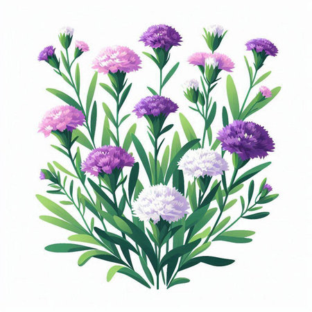 Illustration of a bouquet of purple flowers on a white backgroundのイラスト素材