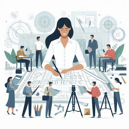 Architects and engineers working on a blueprint. Vector illustration.のイラスト素材